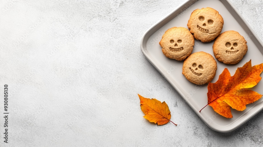 A tray of Halloween cookies with faces on them sits on a table next to a leaf A tray of Halloween cookies with faces on them sits on a table next to a leaf