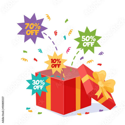 Opened box of confetti. Gift discounts. Shopping day. Pleasant surprise. Decorative packaging with ribbons and bow. Sale percent. Present cardboard container. Recent vector concept