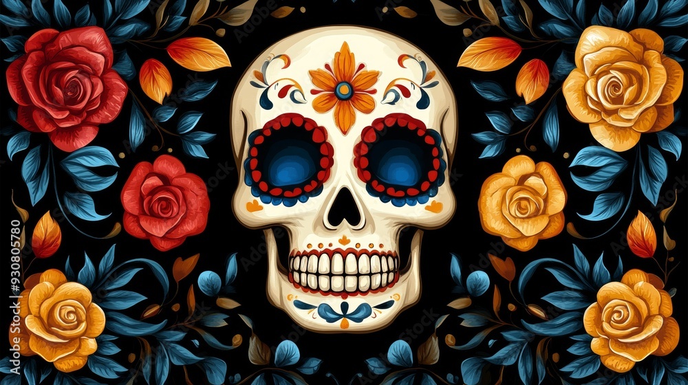 A skull with flowers and roses surrounding it A skull with flowers and roses surrounding it