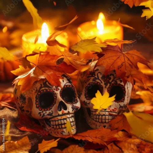 Day of the Dead skulls adorned with autumn leaves and old fabric, glowing candles in rustic setting with falling leaves