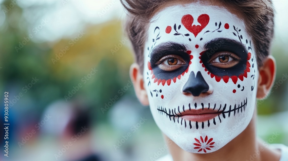 A young man with a white face and red and black paint on his face A young man with a white face and red and black paint on his face