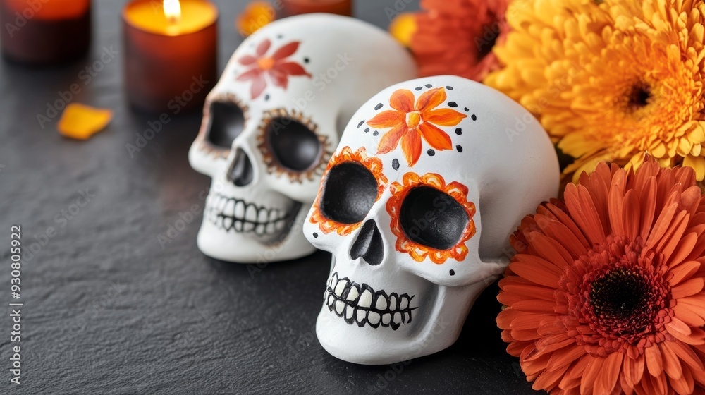 Two skulls with orange flowers painted on them are on a black background Two skulls with orange flowers painted on them are on a black background