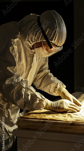 An embalmer in protective gear meticulously applies embalming fluid, highlighting the artistry of preservation in a serene environment