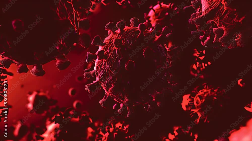 Microscopic view of red virus particles, illustrating the structure and texture of pathogens in dramatic detail. Microscopic view of red virus particles, illustrating the structure and texture of pathogens in dramatic detail.