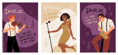 Jazz music cards. Musicians perform songs and melodies. Violinist playing. Blues singer. Vocalist and saxophonist performance. Musical festival show. Concert posters. Garish vector set