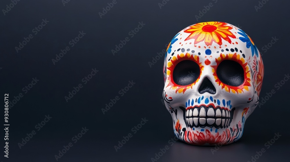 A skull with flowers painted on it is sitting on a black background A skull with flowers painted on it is sitting on a black background