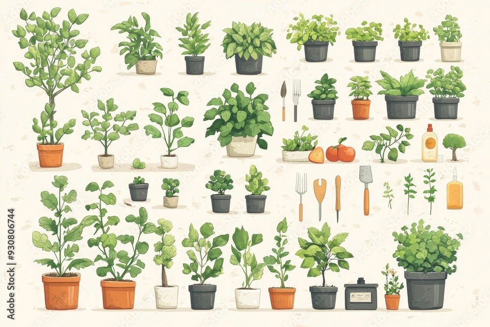 Fototapeta premium Collection of Watercolor Green Plants in Pots