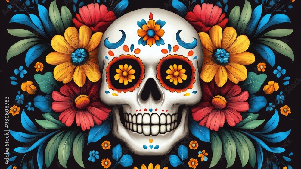 A colorful skull with flowers surrounding it A colorful skull with flowers surrounding it