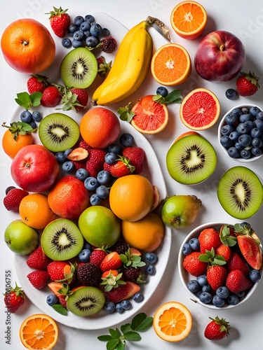 A white surface is scattered with a variety of fresh fruits.. The image is a vibrant display of fresh, healthy fruits.