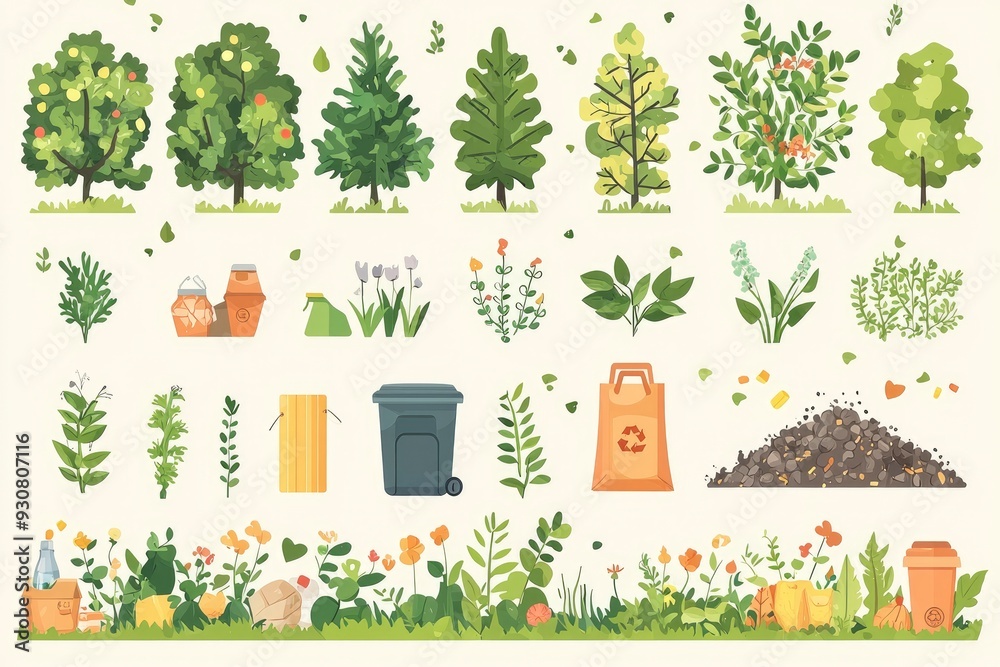 Fototapeta premium Gardening and Recycling Collection Illustration of Plants, Flowers, Trees, and Composting for