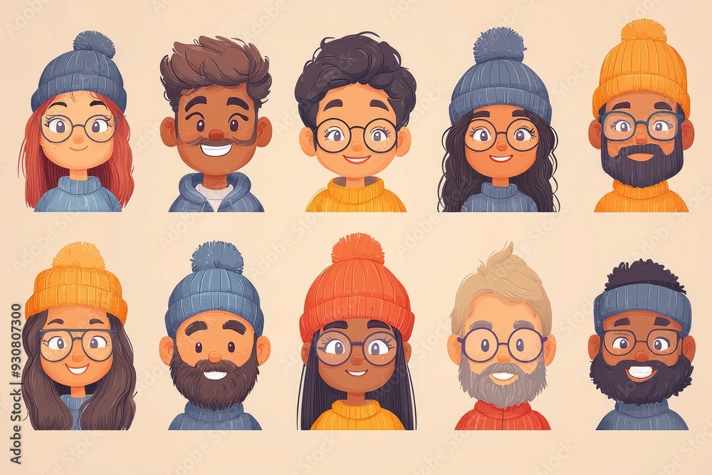 Cartoon People with Hats and Glasses - Set of 8 Characters Cartoon People with Hats and Glasses - Set of 8 Characters