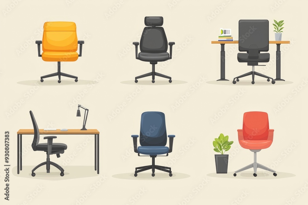 Fototapeta premium Set of six office chairs in different colors and styles