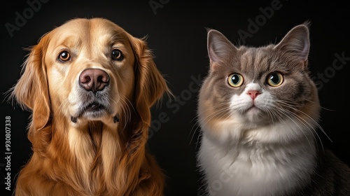 Close-up of a Golden Retriever and a Gray and White Cat Looking at the Camera