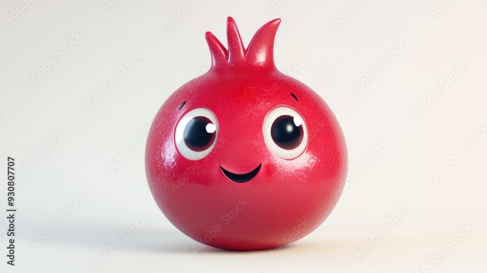 Obraz premium A cute cartoon pomegranate with big eyes and a smiling face, on a white background, 3D AI style