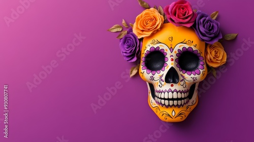 A skull with flowers on it is on a purple background