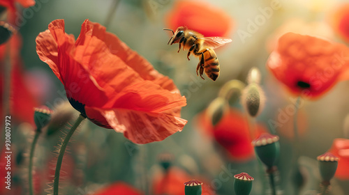 A bee flies from a red poppies bloom in the natural world