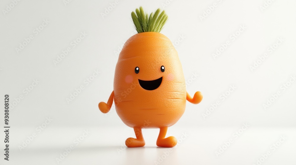 Adorable 3D baby carrot character with tiny feet and a joyful smile on a white background, in a playful animation style Adorable 3D baby carrot character with tiny feet and a joyful smile on a white background, in a playful animation style
