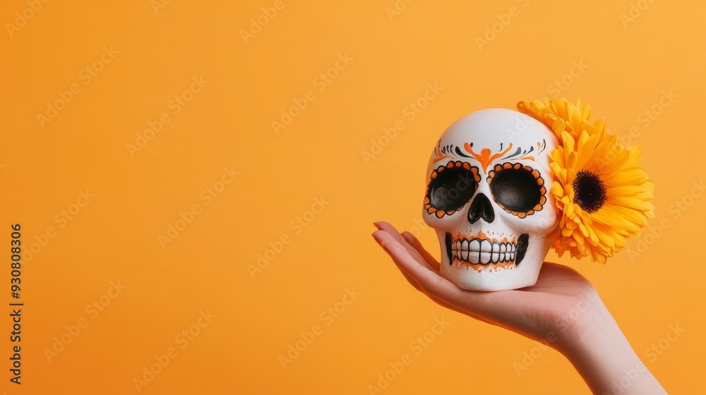 A hand holding a skull with orange and black paint on it A hand holding a skull with orange and black paint on it