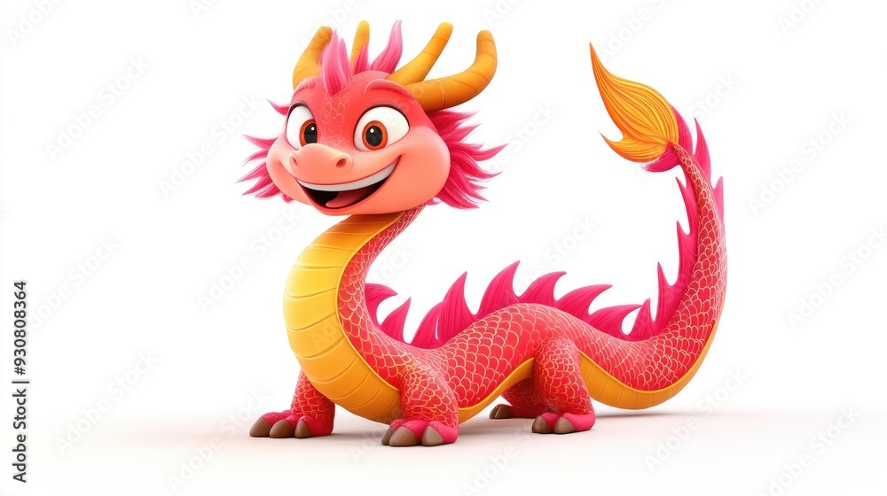 Obraz premium Adorable cartoon Chinese dragon with a cheerful face and vibrant scales, spiraling on a white background, cartoon animation style