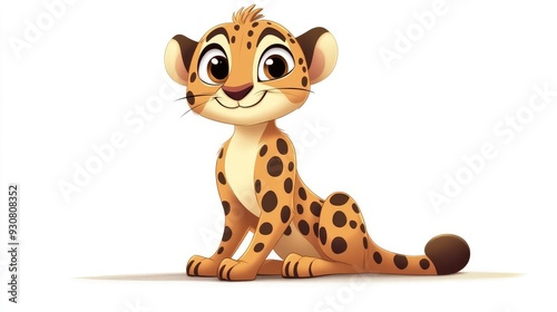 Adorable cartoon cheetah with big eyes and a joyful expression, sitting on a white background, cartoon animation style photo