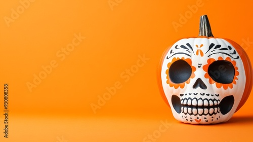 A pumpkin with a skull painted on it sits on a bright orange background