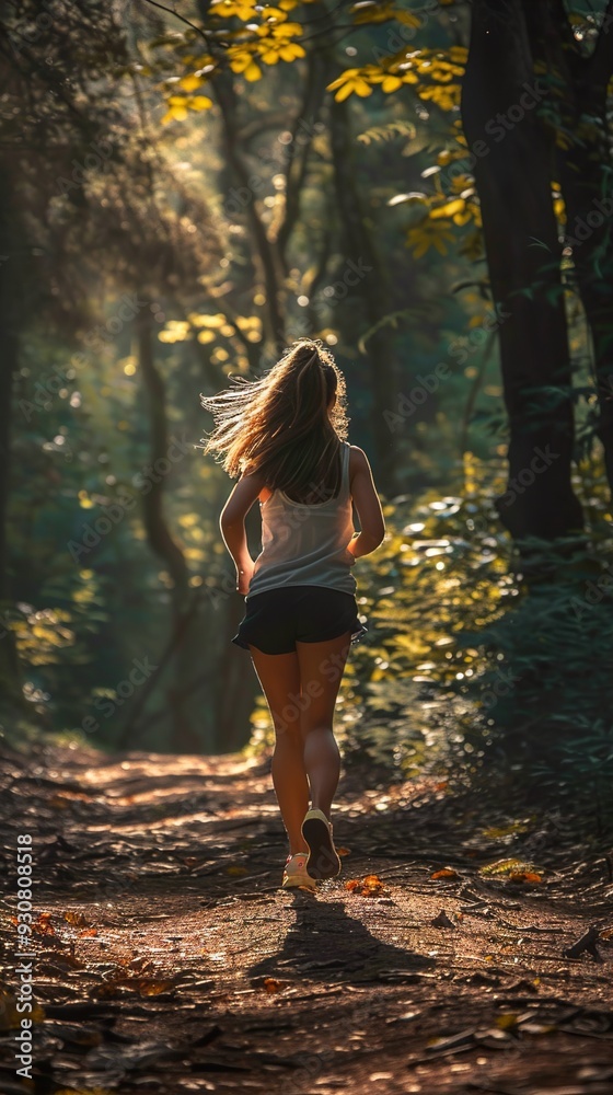 Woman Running Through a Forest Trail Woman Running Through a Forest Trail
