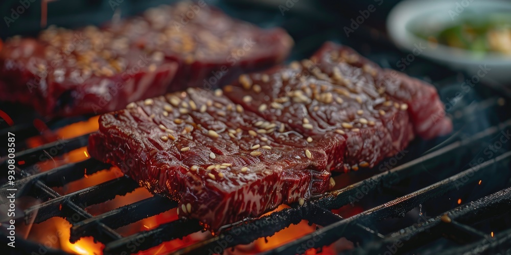 Grilled Wagyu Beef Slices on a Hot Charcoal BBQ Korean Barbecue Style Grilled Wagyu Beef Slices on a Hot Charcoal BBQ Korean Barbecue Style