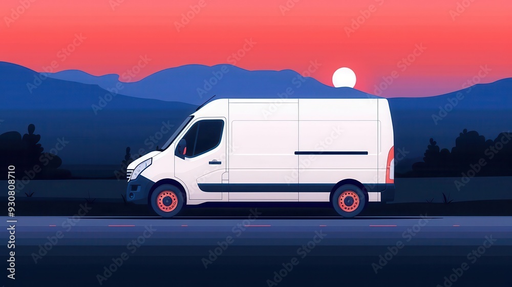 Obraz premium Delivery van, delivering at night, flat design illustration