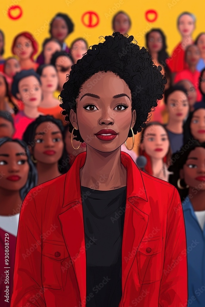 Fototapeta premium Confident Black Woman in Red Jacket Addressing a Crowd