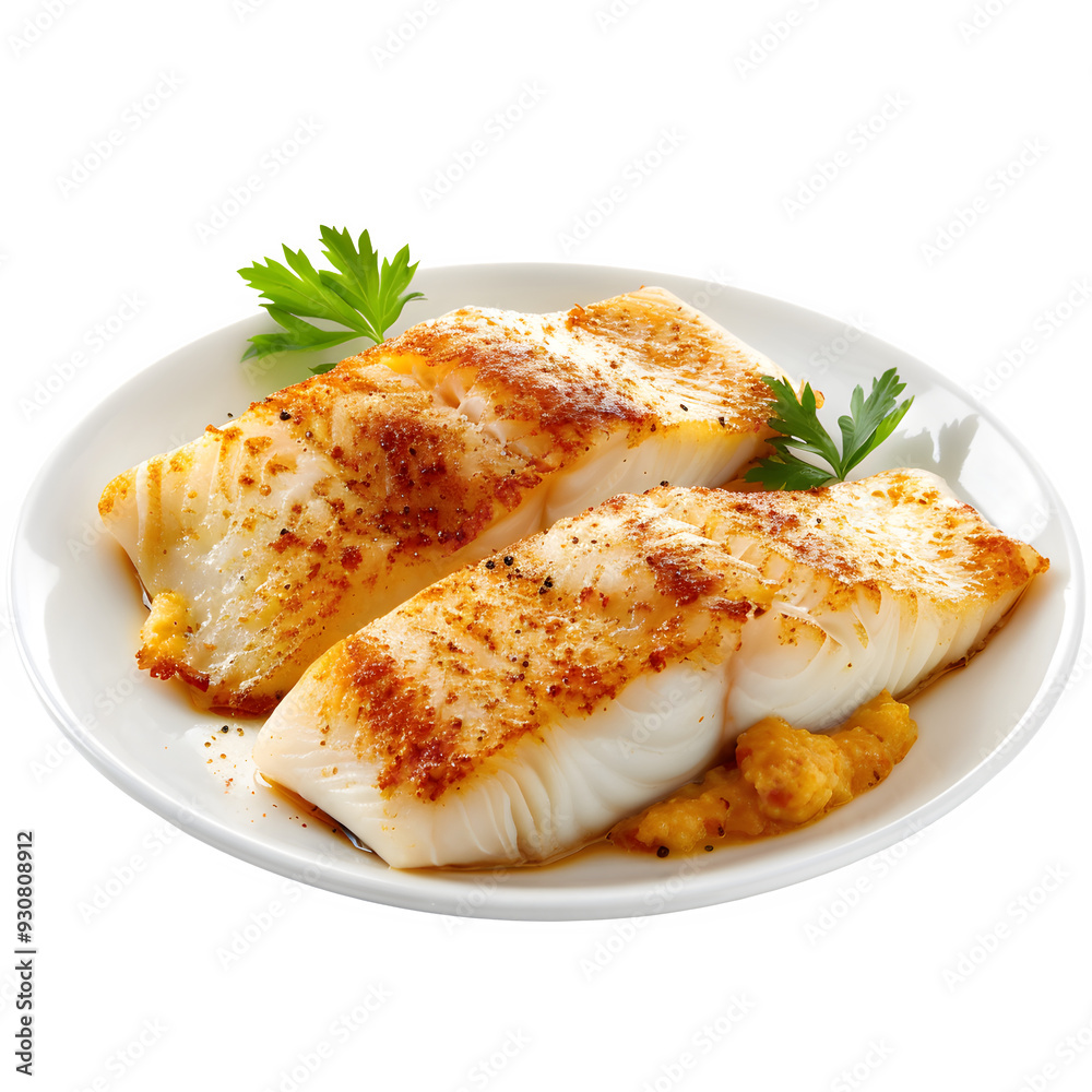 Two perfectly grilled danish fish fillets served with a garnish on a white plate, isolated on a transparent background Two perfectly grilled danish fish fillets served with a garnish on a white plate, isolated on a transparent background