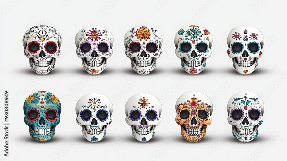 A row of skulls with different designs and colors A row of skulls with different designs and colors