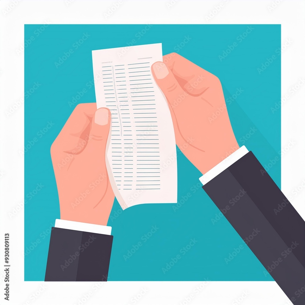 Fototapeta premium Hand holding bill or receipt. Concept of payment, shopping, purchase, credit payment, buying. Flat vector illustration cartoon.