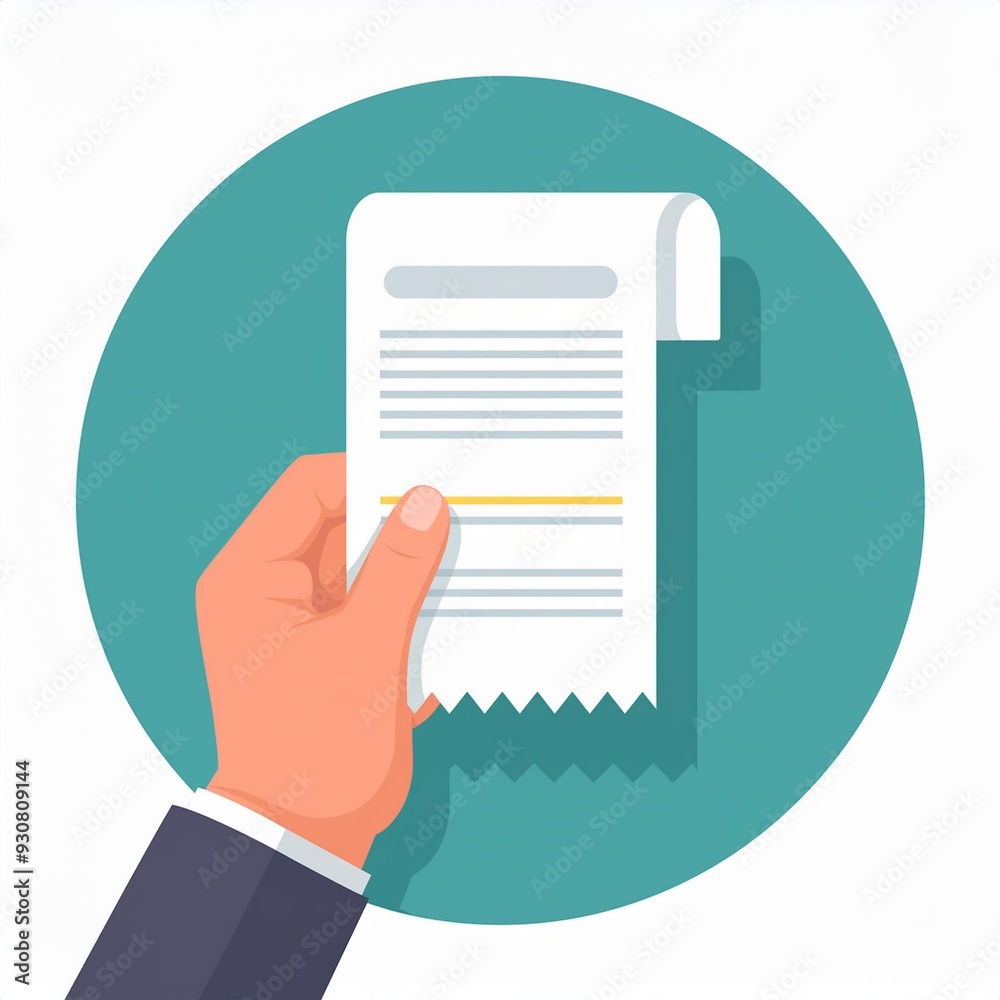 Hand holding bill or receipt. Concept of payment, shopping, purchase, credit payment, buying. Flat vector illustration cartoon.