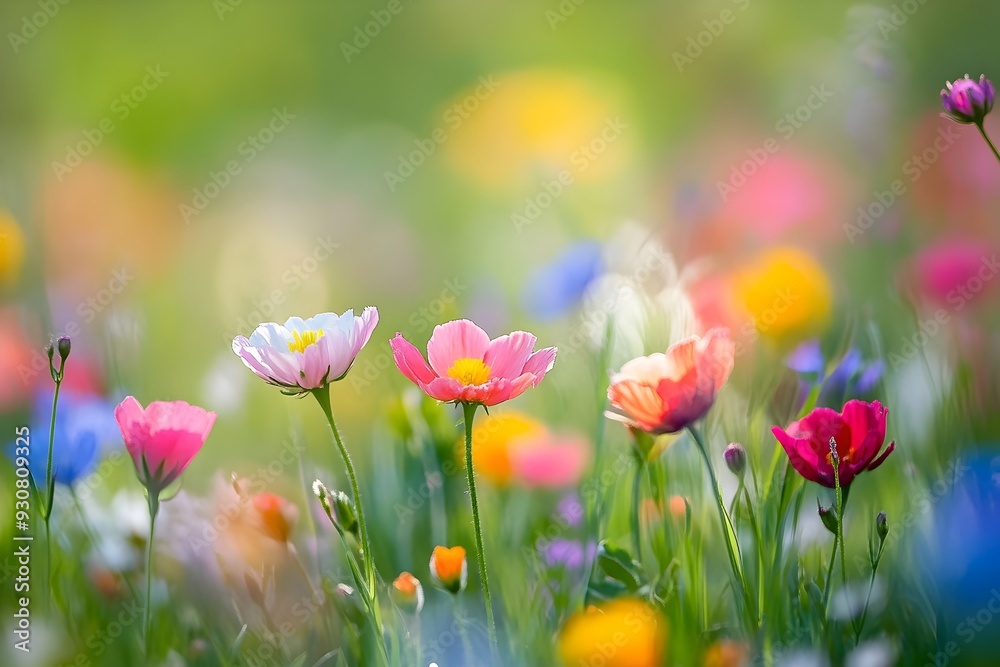 Vibrant Cluster of Freshly Blooming Wildflowers in Lush Meadow with Soft Focus and Romantic Atmosphere Vibrant Cluster of Freshly Blooming Wildflowers in Lush Meadow with Soft Focus and Romantic Atmosphere