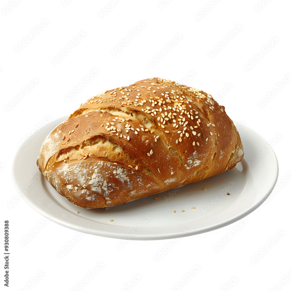 Freshly baked danish bread loaf topped with sesame seeds served on a white plate, isolated on a transparent background for easy integration Freshly baked danish bread loaf topped with sesame seeds served on a white plate, isolated on a transparent background for easy integration