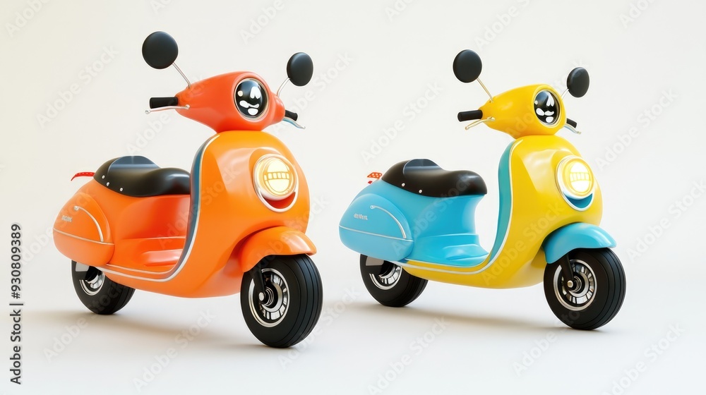 Cartoon scooter with bright colors and a joyful expression, set on a clean white background, 3D AI illustration Cartoon scooter with bright colors and a joyful expression, set on a clean white background, 3D AI illustration