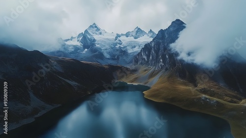 Aerial Photograph of Majestic Mountain Range with Serene Alpine Lake Reflecting the Scenic Landscape