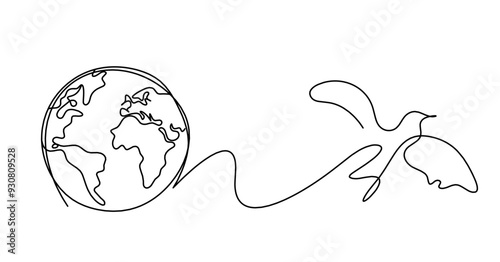 Abstract bird with planet Earth as line drawing on white background