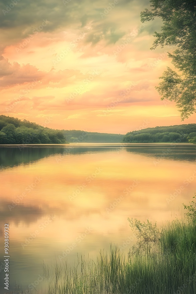 Tranquil Lakeside Sunset Reflected in Peaceful Waterscape with Lush Shoreline Tranquil Lakeside Sunset Reflected in Peaceful Waterscape with Lush Shoreline