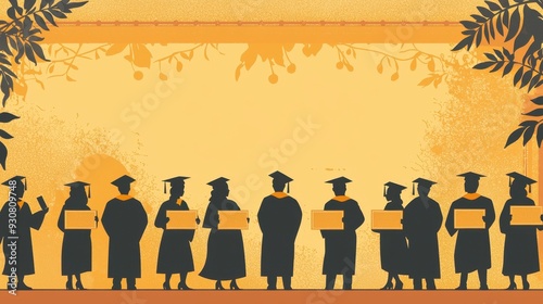 Graduation Silhouettes with Blank Diplomas on a Gold Background