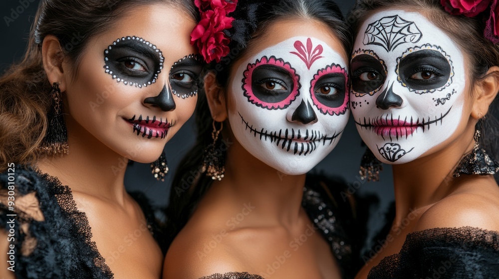 Three women with painted faces, one with a spider on it Three women with painted faces, one with a spider on it