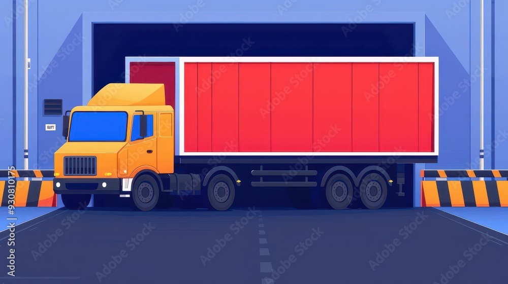 Truck at border crossing, international logistics, flat design illustration Truck at border crossing, international logistics, flat design illustration