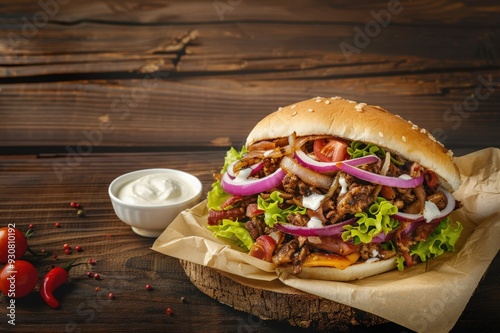 Doner kebab - grilled meat and vegetables in pita bread. Beautiful simple AI generated image photo