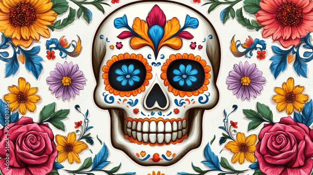 A colorful skull with flowers and leaves surrounding it A colorful skull with flowers and leaves surrounding it