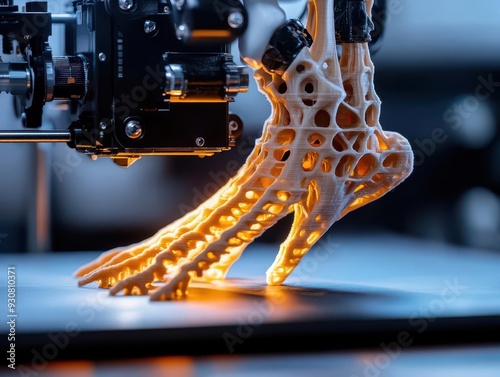 Depict a 3D printer in the process of constructing a prosthetic limb, emphasizing the layerbylayer technique photo