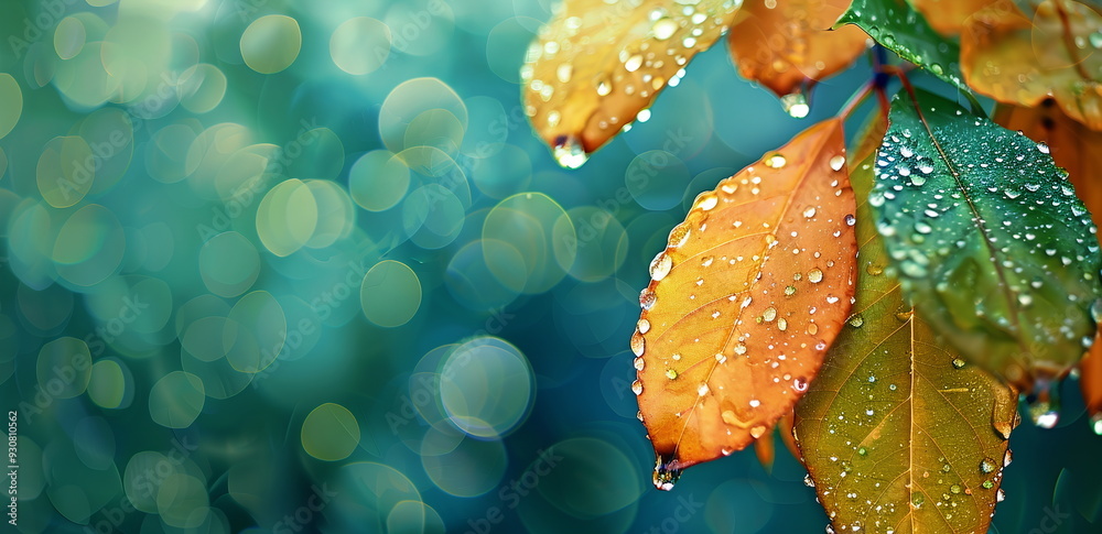 Close up of autumn leaves with water droplets against a bokeh background, soft focus natural light. The colorful leaves feature a green and orange color scheme in a whimsical, magical style Close up of autumn leaves with water droplets against a bokeh background, soft focus natural light. The colorful leaves feature a green and orange color scheme in a whimsical, magical style