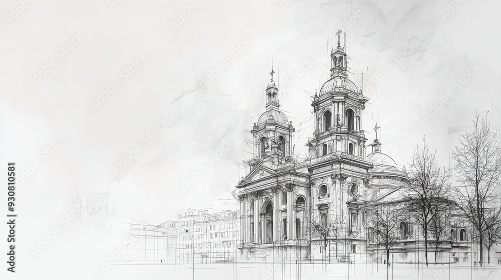 Sketch of a Cathedral Building with White Background Sketch of a Cathedral Building with White Background