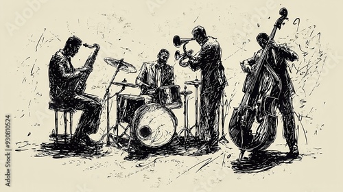 Jazz Band Illustration   Saxophone  Trumpet  Double Bass  Drums  Music  Sketch  Black and White