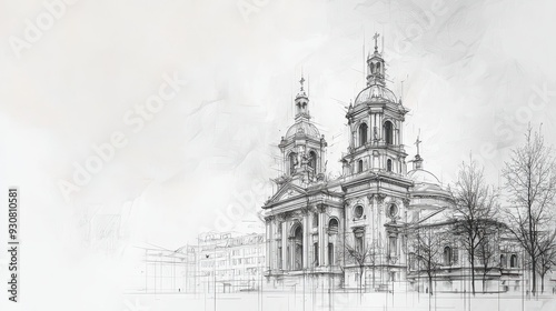 Sketch of a Cathedral Building with White Background