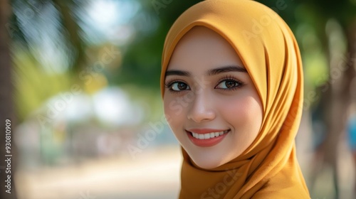 A Young Woman Wearing a Yellow Hijab Smiles Outdoors photo